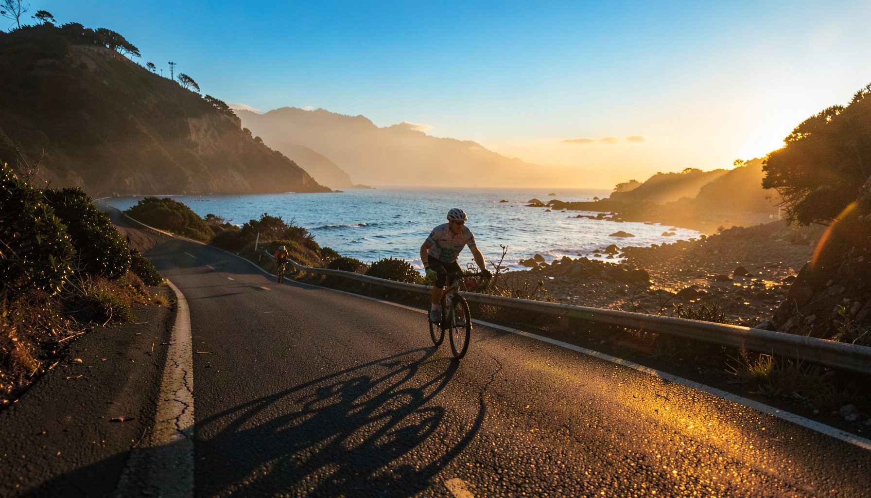 Cyclist riding along a scenic coastal road at golden hour, warm amber light across the pavement